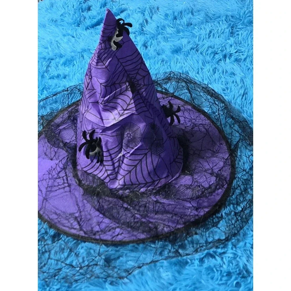 Halloween Witch Hat Purple/Black Spiderweb Pattern w/ Black Tulle, One Size
